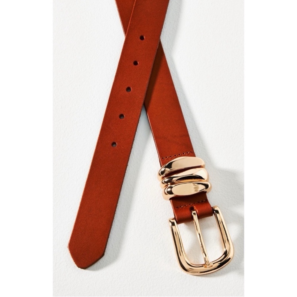 ANTHROPOLOGIE Structured Keeper Belt Brown Leather Gold Buckle Medium NWT - Picture 2 of 7